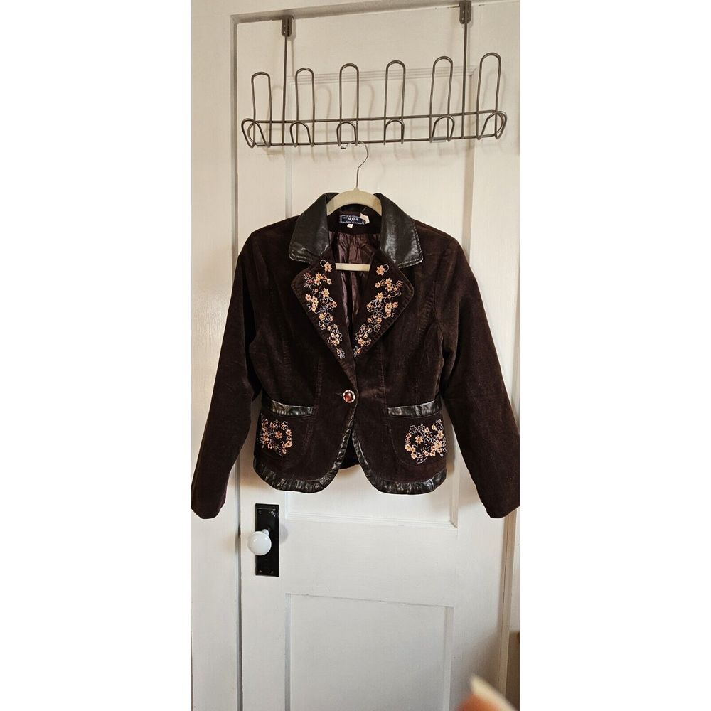 VTG New MOA U.S.A. Corduroy blazer Brown faux leather trim embroidery sequin Med